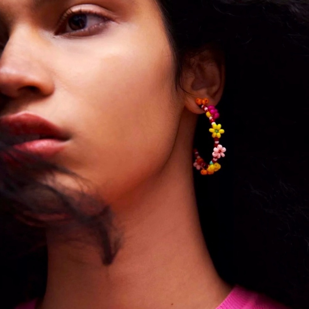 Colorful Beaded Flower Hoop Earrings